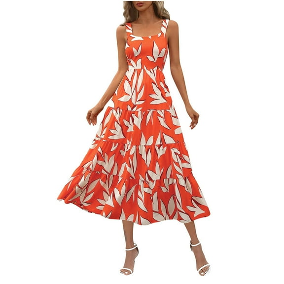 Sakmal Dresses for Women Elegant Maxi Square Neckline Orange Sleeveless Elegant Graphic Pleated A-Line Dress