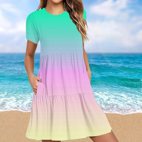 Sakmal Dresses for Women Loose Fit Gradient with Pocket Basic Comfort Fit Short Sleeve Green Long Sundress