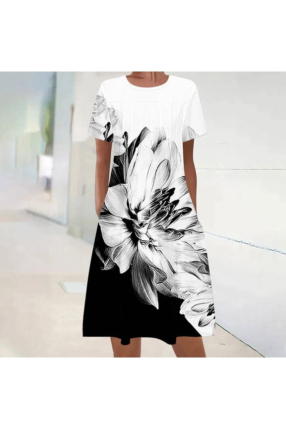Dresses for Women Mid-Length White Crew Neck Floral Short Sleeve Basic Shift Dress