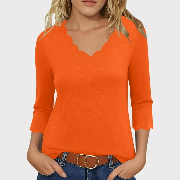 Sakmal Dressy Casual Blouses for Women Plus Size Orange Tops 3/4 Sleeve V Neck Plain Blouses for Women