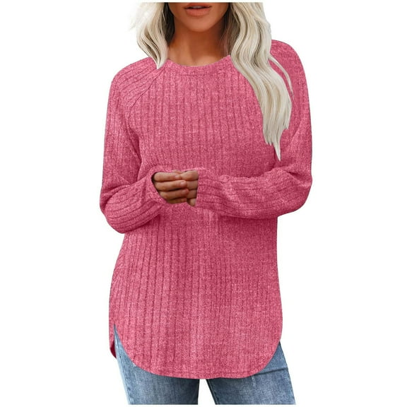 Sakmal Dressy Casual Women's Blouses Pink Tunic Knit Sweaters Long Sleeve Solid Crew Neck Shirts for Women