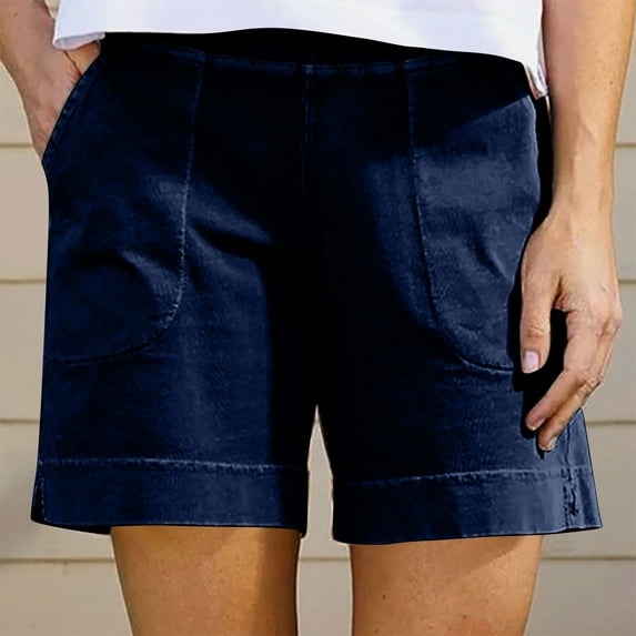 Sakmal Dressy Casual Womens Shorts Blue Cotton and Linen 6" Beach Mid Rise Shorts with Pockets