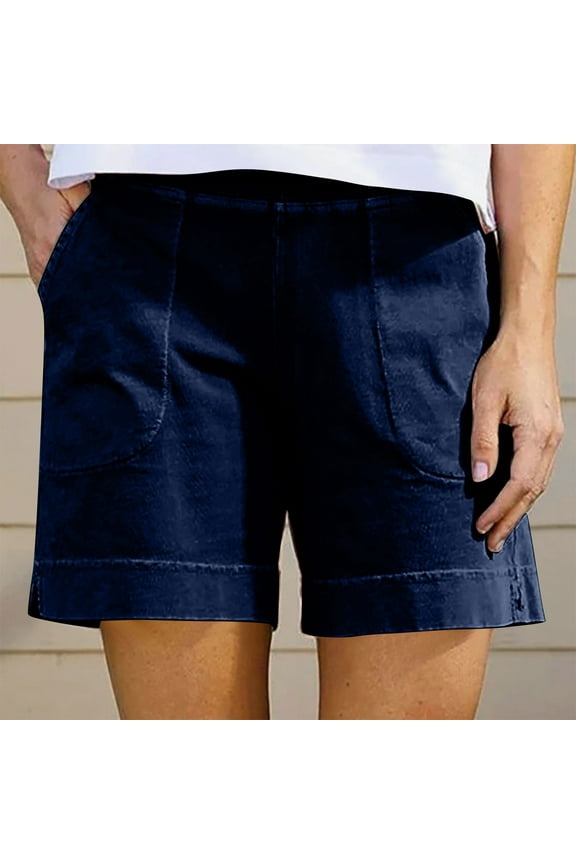 Dressy Casual Womens Shorts Blue Cotton and Linen 6" Beach Mid Rise Shorts with Pockets
