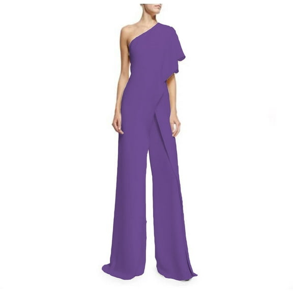 Sakmal Dressy Jumpsuits for Women Casual Wedding Guest Sleeveless Formal Purple Overalls Wide Leg Full One Shoulder Boat Neck Solid Pants
