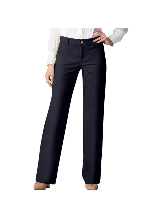 Dressy Pants Women Chinos Work Straight Leg Trousers High Waisted Full Length Plain Blue Pants with Pockets