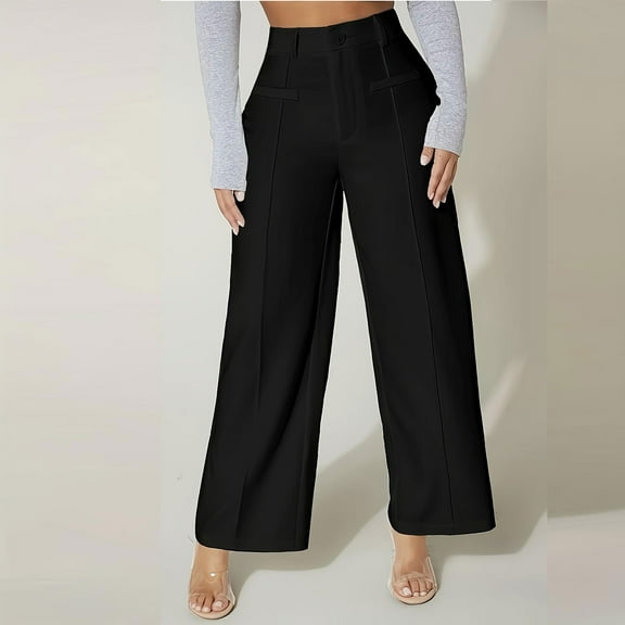 Sakmal Dressy Pants for Women Khakis Wide Leg Work Trousers Plain Black High Waisted Full Length Pants with Pockets