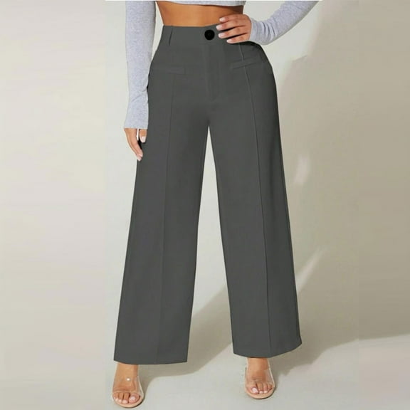 Sakmal Dressy Pants for Women Wide Leg Work Khakis Trousers Plain Gray High Waisted Full Length Pants with Pockets