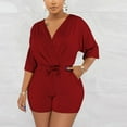 thumbnail image 1 of Sakmal Dressy Rompers for Women Short Sleeve Red V Neck Drawstring Short Jumpsuits Solid Rompers with Pockets, 1 of 5