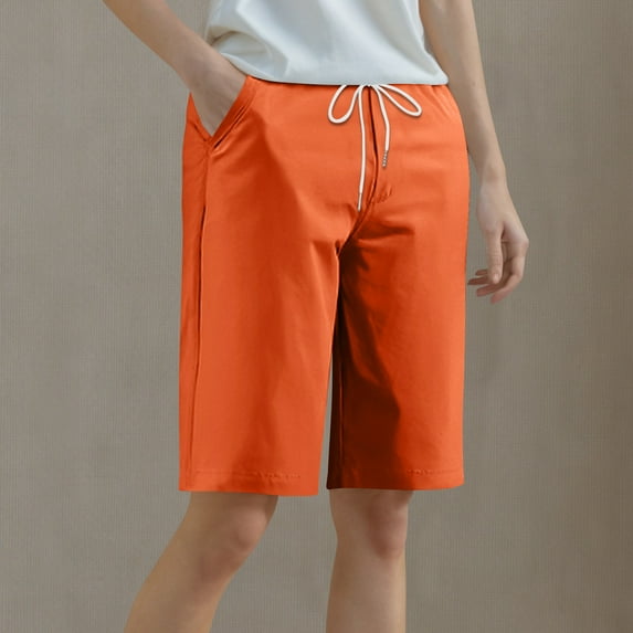 Sakmal Bermuda Shorts for Women High Waisted Khaki Chino Orange Straight Leg Knee Length Dressy Shorts with Pockets