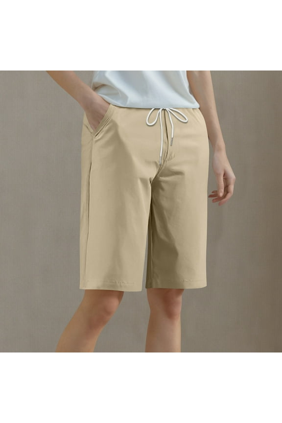 High Waisted Shorts for Women Chino Bermuda Yellow Khaki Dressy Knee Length Straight Leg Shorts with Pockets