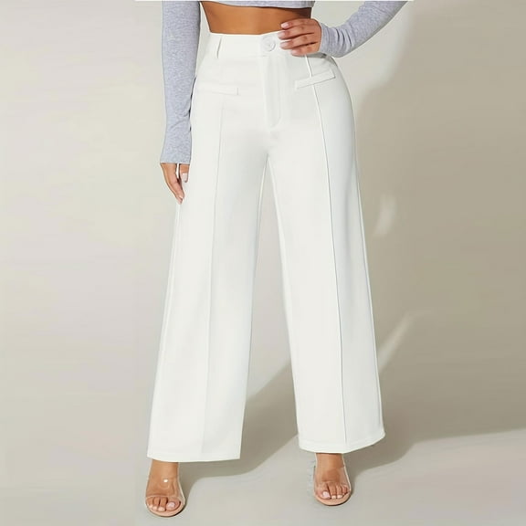 Sakmal Dressy Women's Pants Work Khakis Wide Leg Trousers White Full Length High Waisted Plain Pants with Pockets