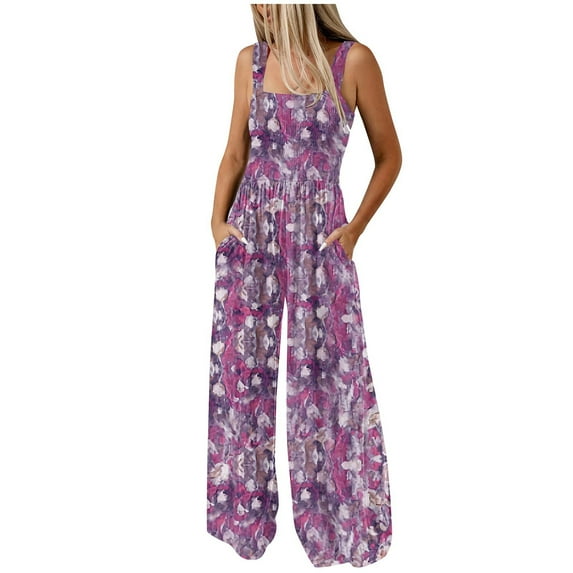 Sakmal Dressy Womens Jumpsuit Boho Sleeveless Purple Flowy Overalls Wide Leg Floral Square Neck Long Pants with Pockets