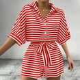 thumbnail image 1 of Sakmal Dressy Womens Summer Rompers Short Sleeve Red Collared Shirt Short Jumpsuits Striped Rompers with Belt, 1 of 5