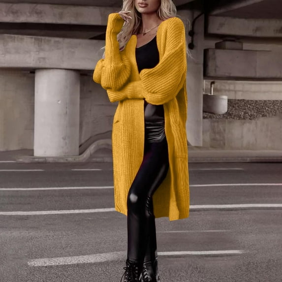 Sakmal Duster Cardigan Sweaters Womens Warm Lightweight Open Front Cardigan Yellow Long Sweater with Pockets