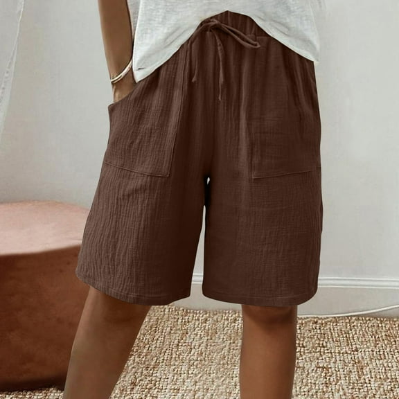 Sakmal Elastic Shorts for Women Drawstring Brown Bermuda High Waisted Solid 9" Shorts with Pockets