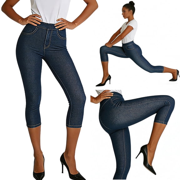 Sakmal Elastic Waist Capri Leggings Women Slim Leg Denim Jeans Pants Solid Lightweight Summer Women's Capris L