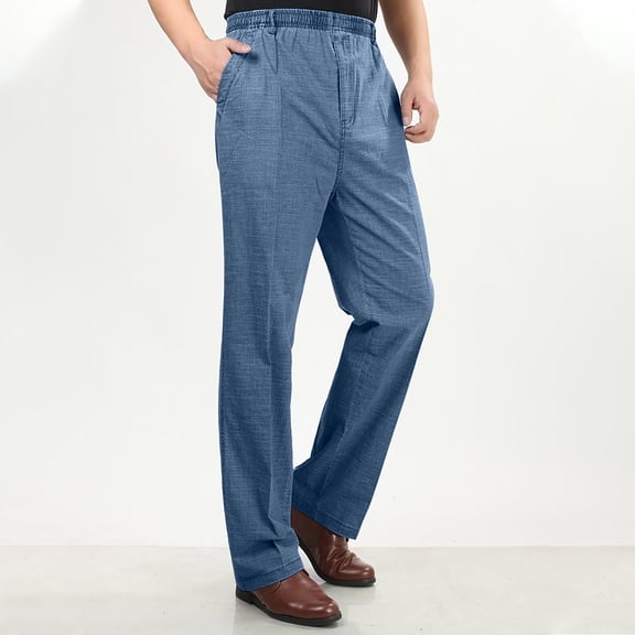 Sakmal Elastic Waist Khaki Pants Men Cotton and Linen Straight Leg Work Business Casual Blue Chino Pants for Men 3XL
