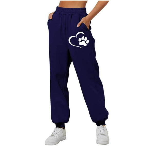 Sakmal Elastic Waist Women's Pants Joggers Sweatpants High Waisted Dog Paw Blue Pants with Pockets