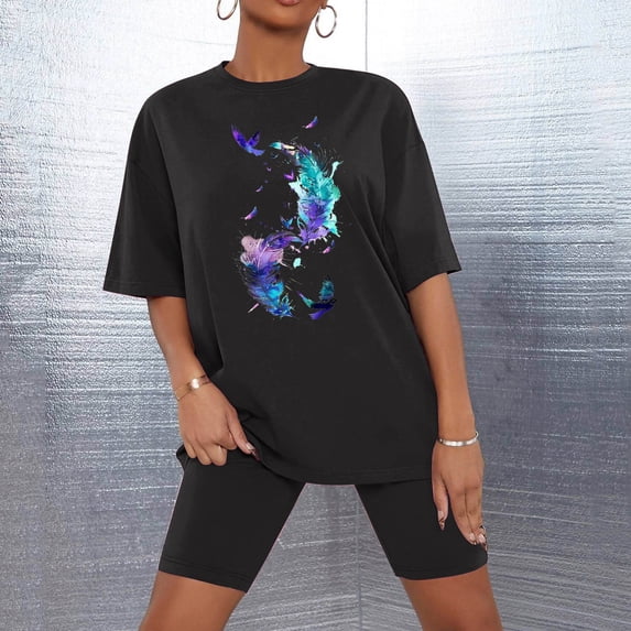 Sakmal Elbow-Length Casual Pajamas Sets for Women 2024 Shorts Pant Black Loose Fit Comfy Graphic Sleepwear for Ladies