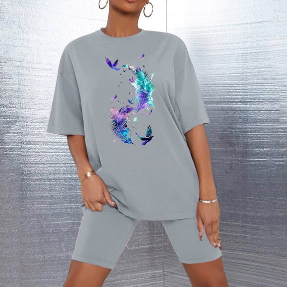 Sakmal Elbow-Length Casual Pajamas Sets for Women Gray Shorts Pant Graphic Comfy Loose Fit Women'S Sleepwear