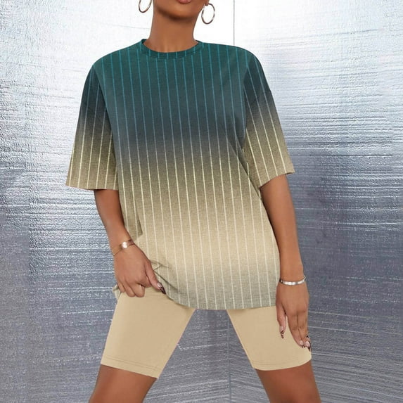 Sakmal Elbow-Length Casual Pajamas Sets for Women Shorts Pant Yellow Comfy Loose Fit Gradient Sleepwear for Ladies