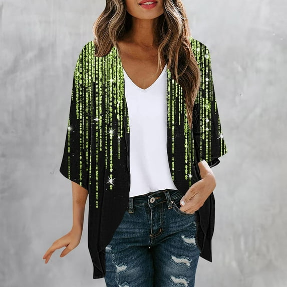 Sakmal Elbow-Length Coats for Women Lightweight Cover-Up Green Cardigan Loose Fit Chiffon Glitter Jackets for Women