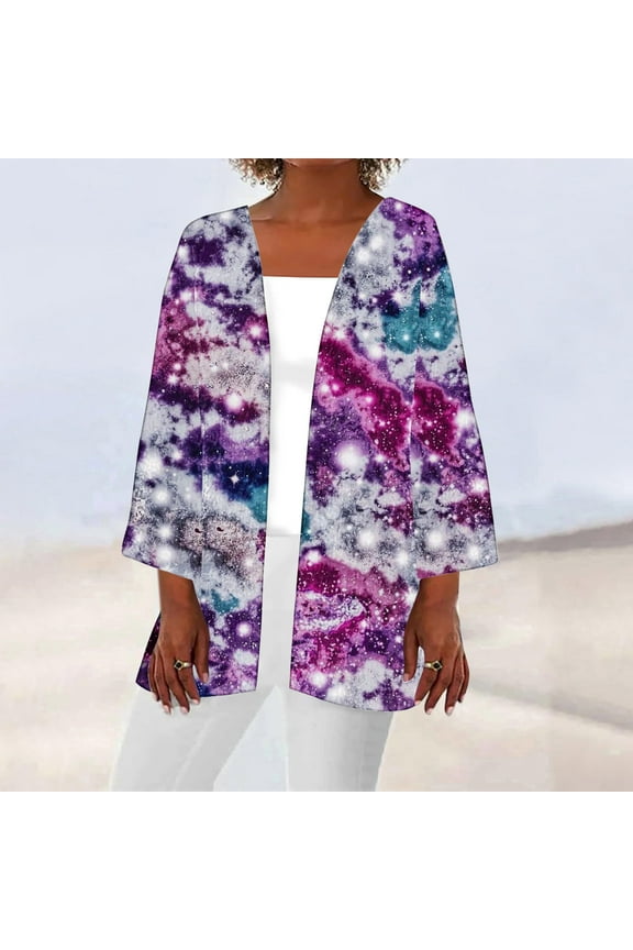 Elbow-Length Coats for Women Plus Size Purple Cover-Up Tie Dye Cardigan Loose Fit Flowy Womens Jackets Trendy