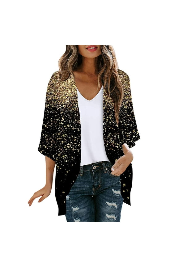 Elbow-Length Coats for Women Plus Size Cover-Up Gold Lightweight Comfy Flowy Cardigan Glitter Chiffon Jackets for Women