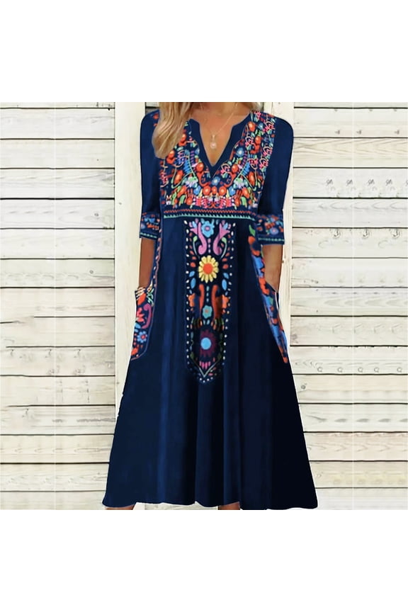 Elbow-Length Flowy Dresses for Women Floral Vintage Notch Neck Blue Pleated Long Pocket A-Line Dresses Plus Size Ladies Dresses