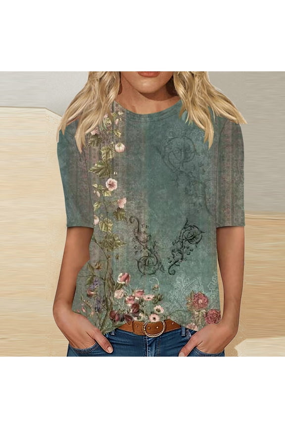 Elbow-Length Ladies Tops and Blouses Crew Neck Graphic T-Shirts Ladies Shirts $5