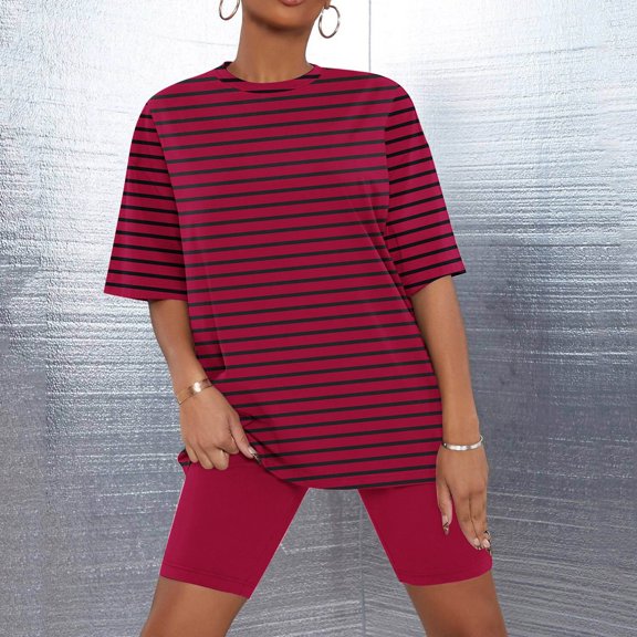 Sakmal Elbow-Length Night Shirts for Women Pajamas Sets Shorts Pant Red Striped Loose Fit Comfy Sleepwear for Ladies