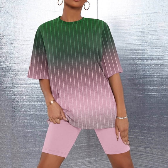 Sakmal Elbow-Length Pajamas Set for Women Pink Shorts Pant Loose Fit Gradient Comfy Night Shirts for Women Sleepwear