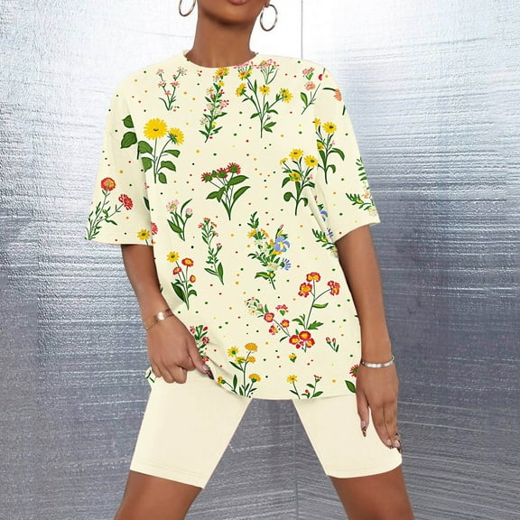 Sakmal Elbow-Length Pajamas Sets for Women Beige Shorts Pant Loose Fit Comfy Floral Plus Size Sleepwear