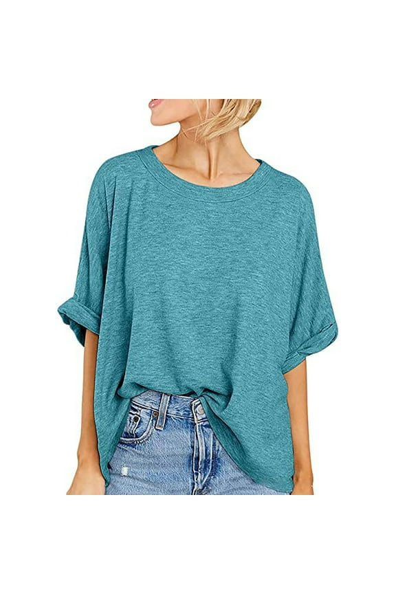 Elbow-Length Spring Tops for Women 2024 Blue Solid Crew Neck T-Shirts T Shirts for Women