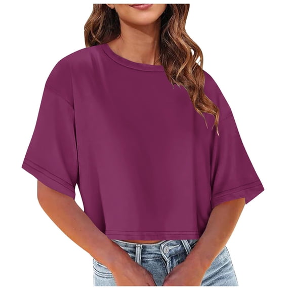 Sakmal Elbow-Length Tops for Women Plus Size Purple Crew Neck Loose Fit Solid Ladies Summer Tops