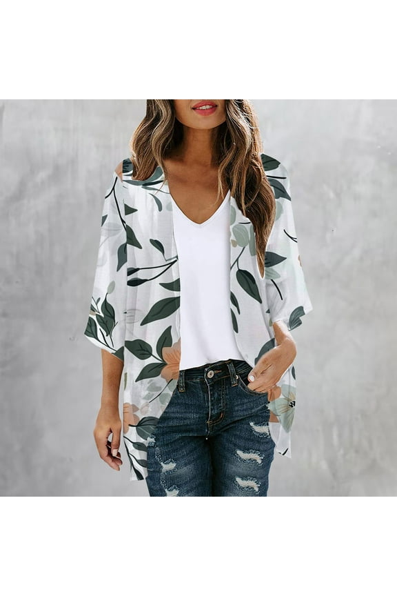 Elbow-Length Women'S 2024 Winter Fashion Clothes White Cover-Up Lightweight Flowy Floral Cardigan Comfy Chiffon Womens Jackets Plus Size
