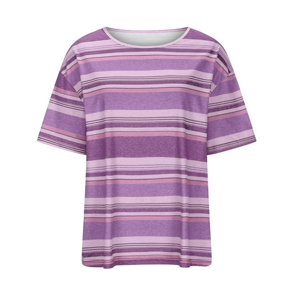Sakmal Elbow-Length Women'S Tops Purple Crew Neck Striped Plain Tunic Oversize Womens Shirts