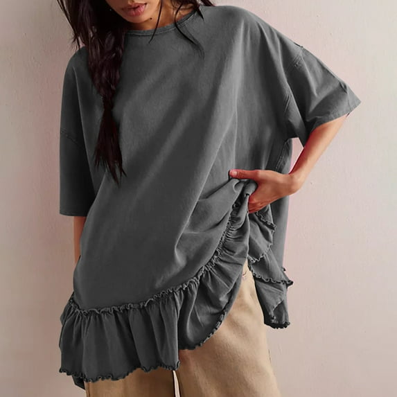 Sakmal Solid Women's T-Shirts Peplum Relaxed Fit Crew Neck Elbow-Length Tops Casual Summer T-Shirts Spring Tops for Women 2025