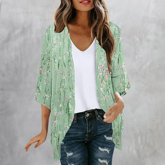 Sakmal Elbow-Length Womens Coats Blue Casual Lightweight Chiffon Loose Fit Floral Cardigan Flowy Jackets for Girls