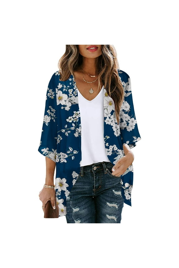 Elbow-Length Womens Coats Lightweight Cover-Up Blue Cardigan Comfy Flowy Floral Chiffon Jackets for Women Plus Size