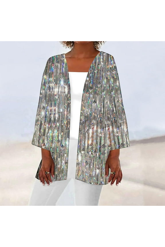 Elbow-Length Womens Coats Outerwear Winter Silver Cover-Up Loose Fit Glitter Flowy Cardigan Ladies Jackets