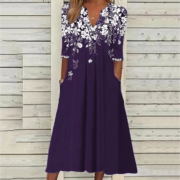 Sakmal Elbow-Length Womens Dresses Plus Size Pleated Purple Boho Notch Neck Pocket Long A-Line Dresses Ladies Dresses Clearance $5
