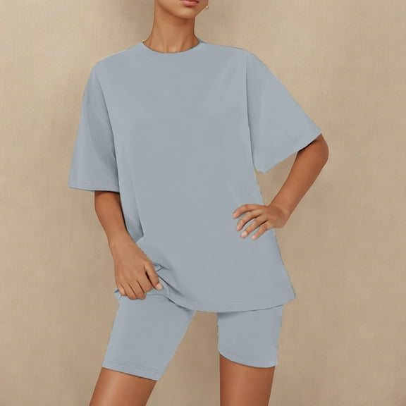 Sakmal Elbow-Length Womens Pajamas Sets Gray Shorts Pant Comfy Loose Fit Solid Sleepwear for Ladies