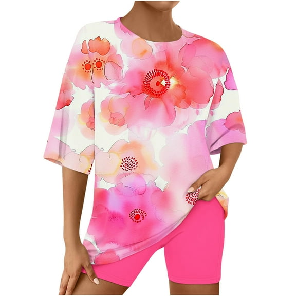 Sakmal Elbow-Length Womens Plus Size Pajamas Sets Shorts Pant Comfy Loose Fit Graphic Sleepwear Tops