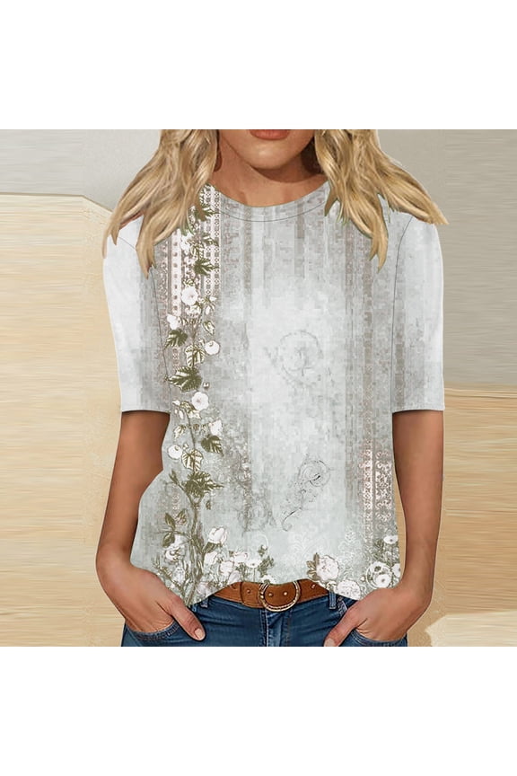 Elbow-Length Womens Plus Size Tops Graphic Crew Neck T-Shirts Plus Size Ladies Shirts