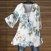 Sakmal Elbow-Length Womens Tops Casual V-Neck White Floral Loose Fit Flowy Womens T-Shirts Under $5