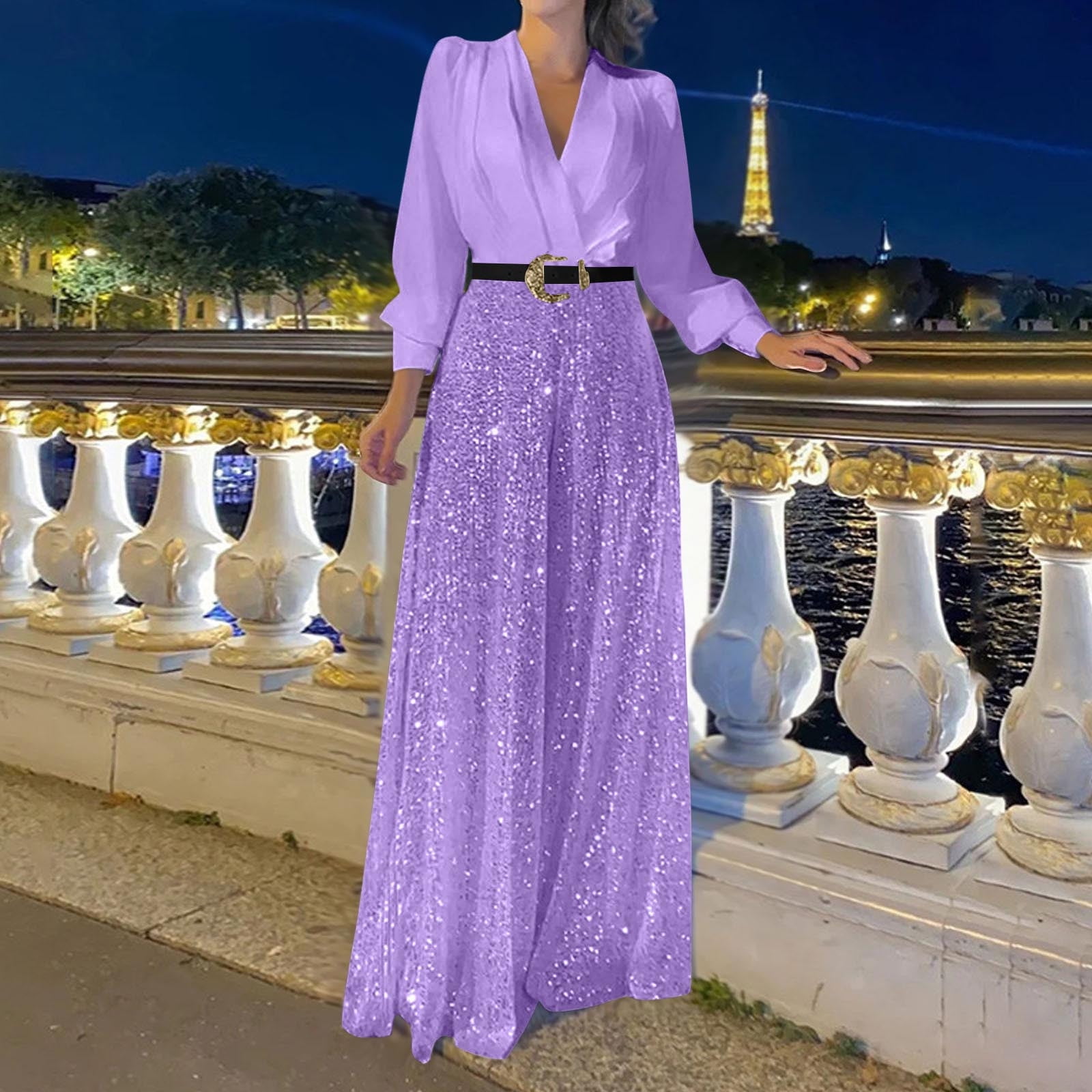 Sakmal Elegant Womens Jumpsuit Purple Long Sleeve Wedding Party