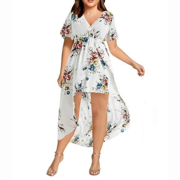 Sakmal Empire Waist Spring Dresses for Women Long T Shirt White Plus Size Dress Short Sleeve Floral Dresses