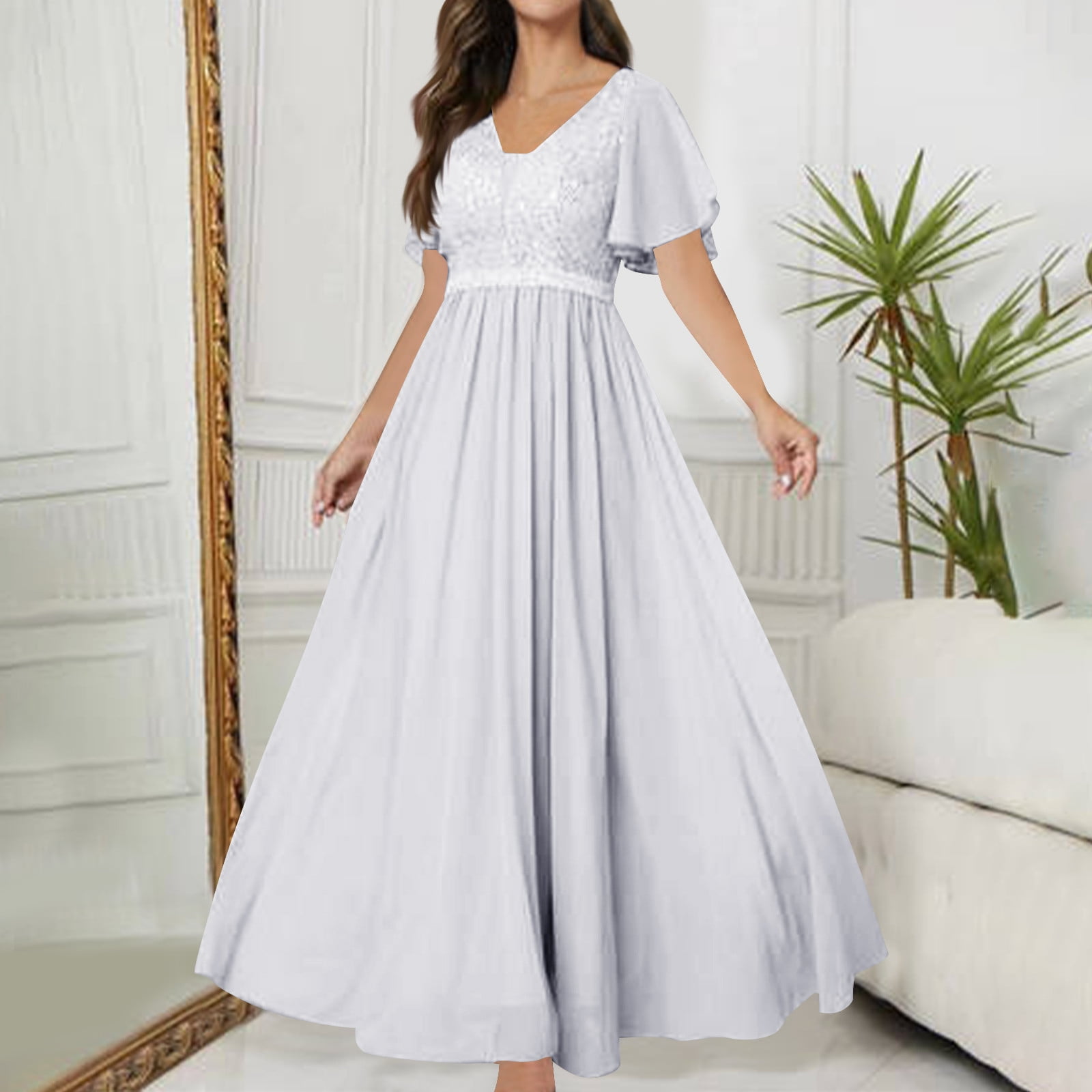 navy blue dress for baby girl Sakmal Dresses for Women 2024 Patchwork Chiffon Tulle Sequin Print White Comfort Fit Short Sleeve Maxi A-Line Dress