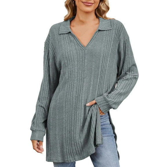 Sakmal Fall Blouse Tops for Women Tunic Knit Royal Blue Sweaters Long Sleeve V Neck Solid Shirts for Women